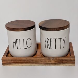 🤍 Rae Dunn HELLO / PRETTY Ceramic Canister Set w/ Wood Lids & Tray